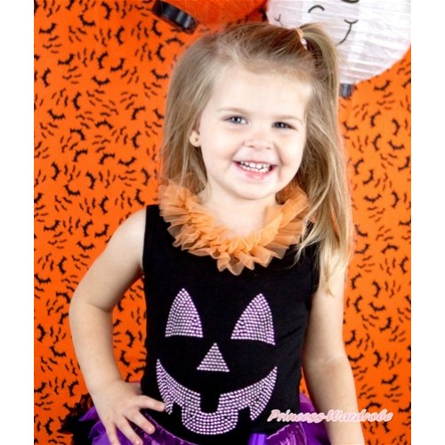 Halloween Black Tank Top With Orange Chiffon Lacing With Sparkle Crystal Glitter Pumpkin Print TB480 